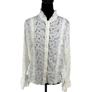 Vtg Womens Floral Sheer Lace Ruffle High Neck Pearl Button Blouse XL Victorian